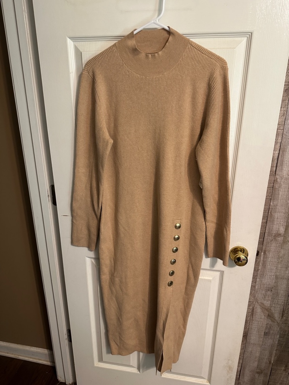 Nine West Camel Ribbed Long Sleeve Midi Dress with Side Buttons